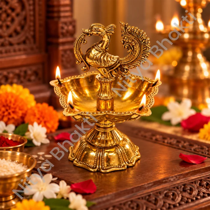 Peacock Design Brass Diya | Traditional Brass Oil Lamp for Puja & Aarti