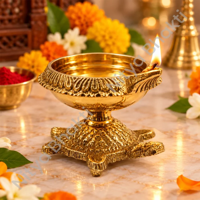 Brass Kuber Diya with Turtle Base | Traditional Brass Oil Lamp for Puja