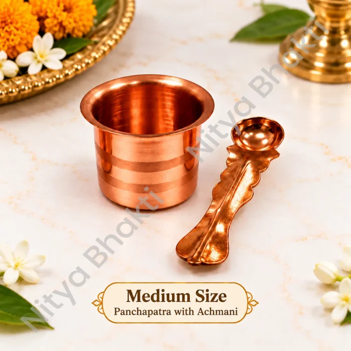 Copper Panchpatra with Achmani – Medium Size | Puja & Ritual Utensil Set