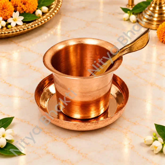 Large size Copper Panchpatra with Achmani & Puja Plate Set | Traditional Puja Utensils
