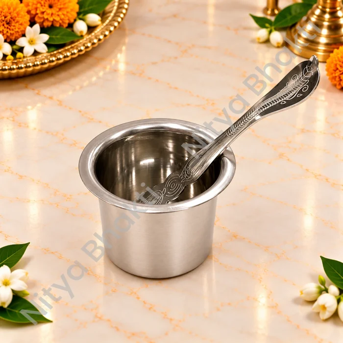 Large Stainless Steel Panchpatra with Achmani | Puja & Religious Ritual Set